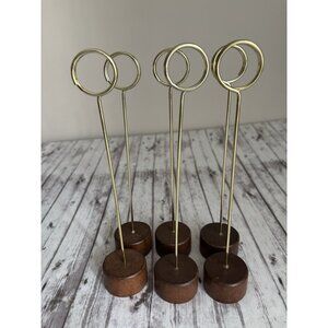 Vintage Gold Wood Base 6 Sign Holders Circle Place Card Metal Table Number